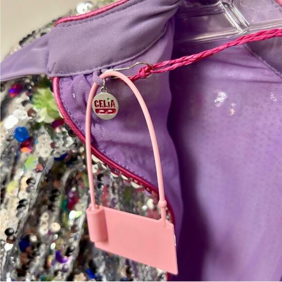 CeliaB Wonderer Silver Sequins Floral Statement Puff Sleeves Mini Dress NEW XXS - Picture 13 of 14